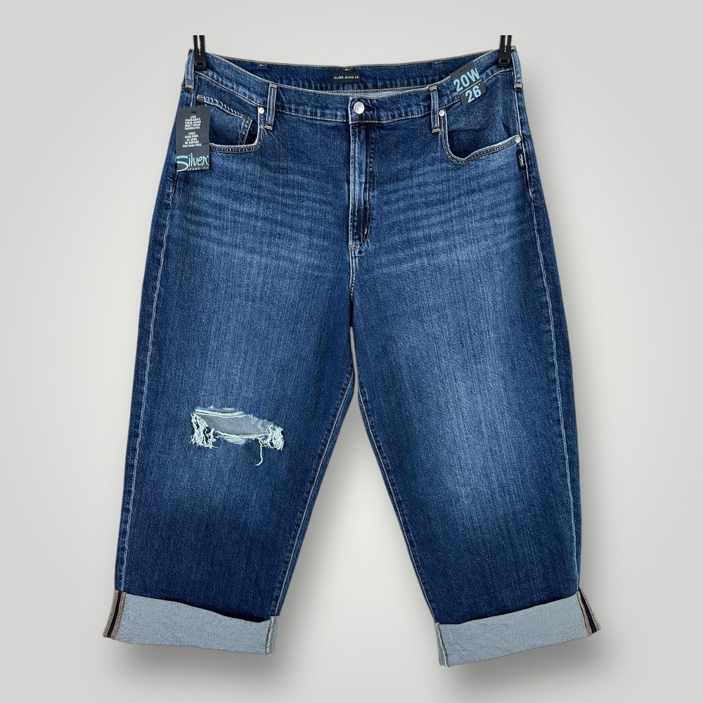 Silver Jeans Medium/Dark Blue Distressed Wide Leg Cropped Jeans